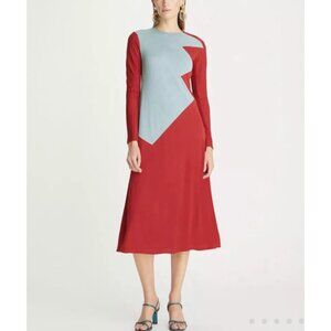 T-176. Tory Burch Color Block Honeycomb Jersey Dress Rich Red US 0